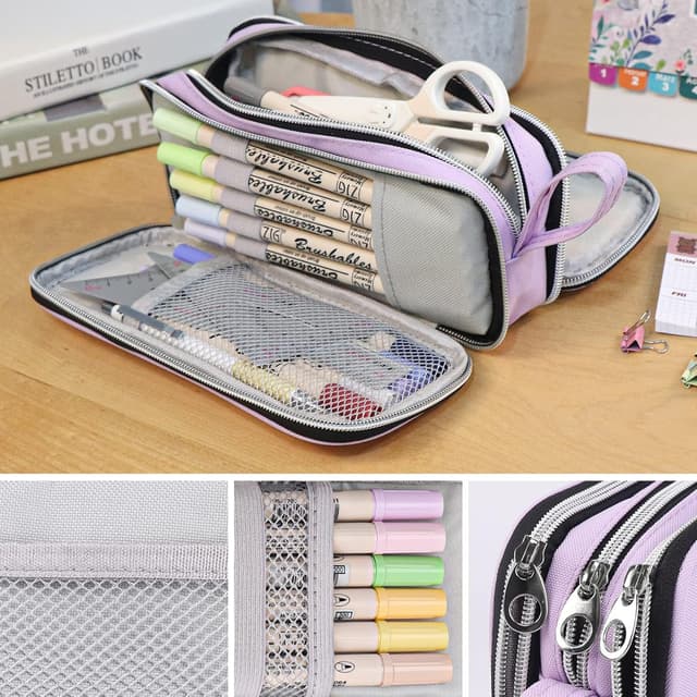 Detalle de COLOCASTLE Federmäppchen Mäppchen groß mit 3 Fächern (lila) – Platz für Stifte & Ordnung