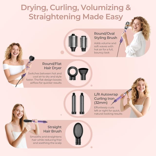 Detalle de Vincofy 7-in-1 Hair Dryer Brush and Hair Styler Set (Purple) — Fast Drying, Curling, Straightening & Volumizing