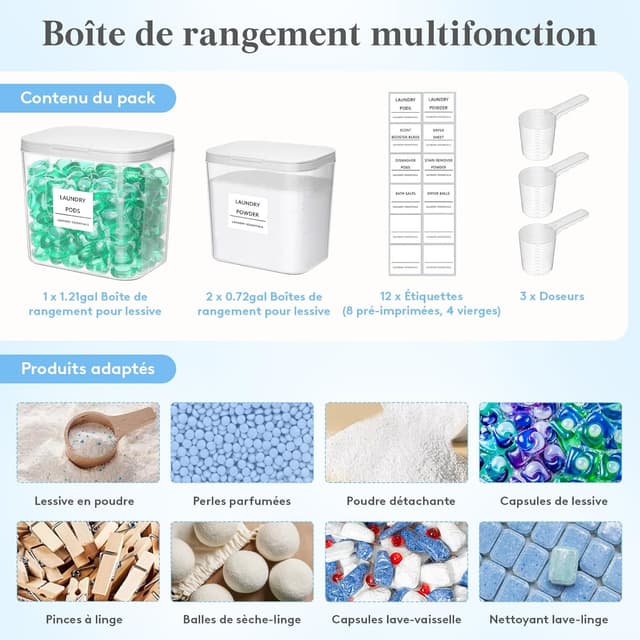 Detalle de Lot Lifewit Rangement lessive en capsules avec étiquettes et cuillères (boîtes 2700 ml + 4500 ml, 4 pièces)