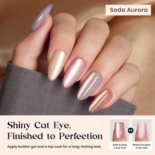 Detalle de Beetles Cat Eye Press On Nails (7 Nude Colors, Medium Almond, 16 Sizes, 224 pcs) — Magnetic Shimmer, Salon-Like Fit