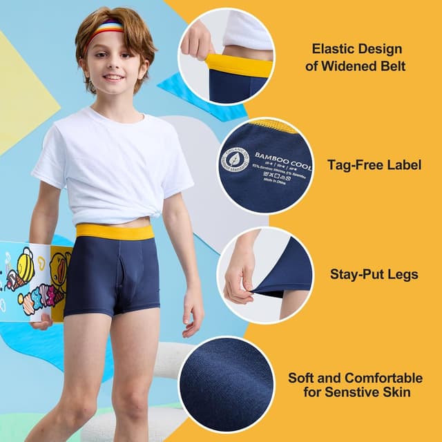Detalle de Bamboo Cool Boys’ Boxer Briefs (6-18Y) 6-Pack — Moisture-Wicking, Ultra-Soft Bamboo Viscose Underwear