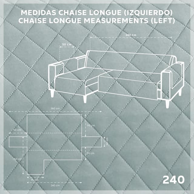 Detalle de Textilhome Malu copridivano chaise longue con penisola 240 cm, trapuntato universale acquamarine