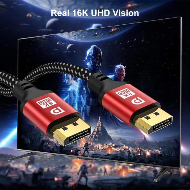 Detalle de 6FT DisplayPort 1.4 Cable (DP to DP) — 32.4Gbps HBR3, up to 8K60Hz/4K144Hz, braided with gold-plated connectors