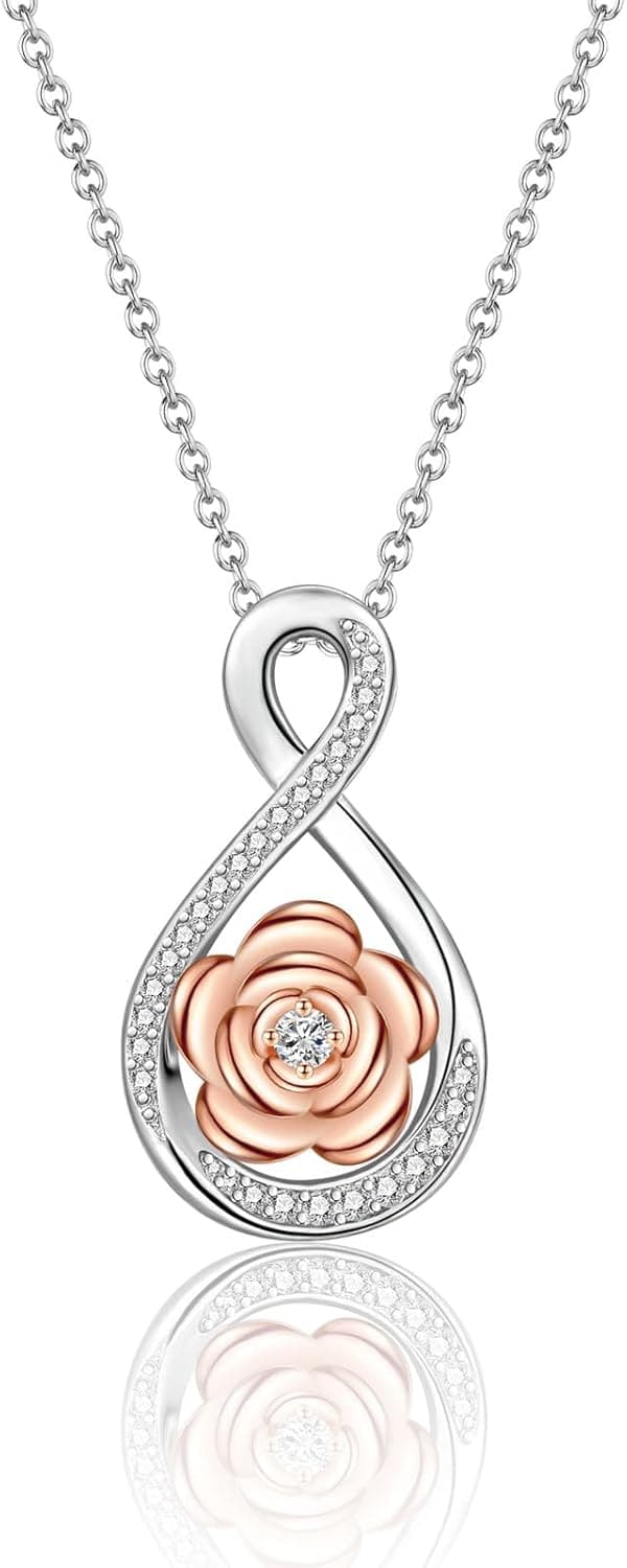 Detalle de USEEDOVIA Halskette mit Rose-Anhänger (40 cm) vergoldet & AAA Zirkonia – Geschenkbox und Karte