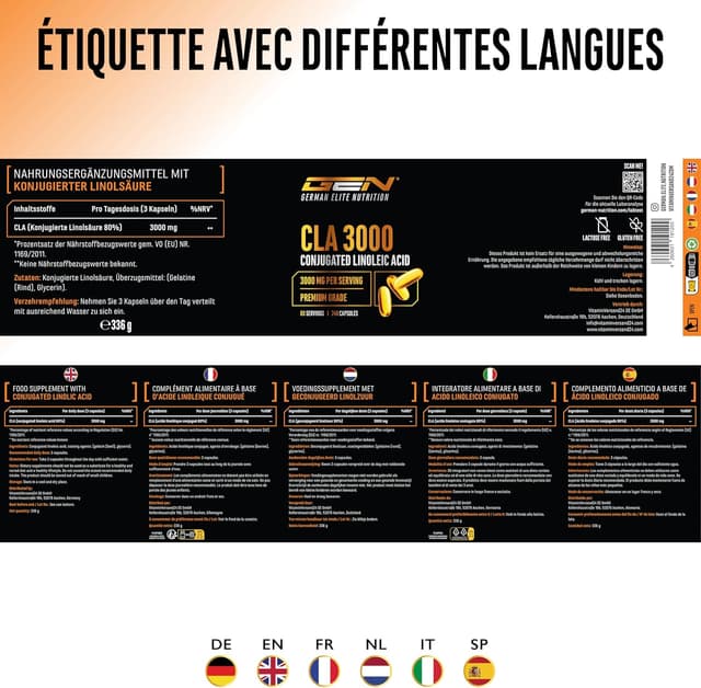 Detalle de CLA 240 gélules 1000 mg (3000 mg/jour) – Acide Linoléique Conjugué pur – German Elite Nutrition