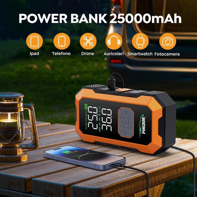 Detalle de Avviatore Batteria Auto con Compressore 150 PSI, 8000A/25000 mAh e Torcia LED (arancione)