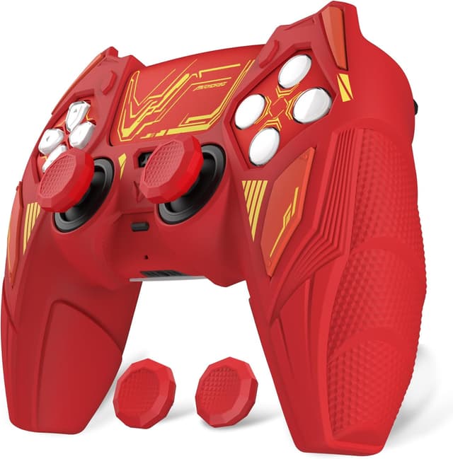 Detalle de PlayVital Mecha Rhino silicone cover for PS5 controller (thumb grips & stickers) – anti-slip grip skin, Maple Red & Brick Red