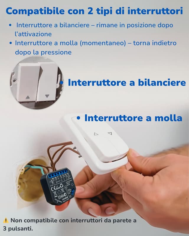 Detalle 2 de LoraTap modulo tapparella Wi‑Fi Smart Life con regolazione 0–100% e controllo Alexa per interruttore a 2 pulsanti
