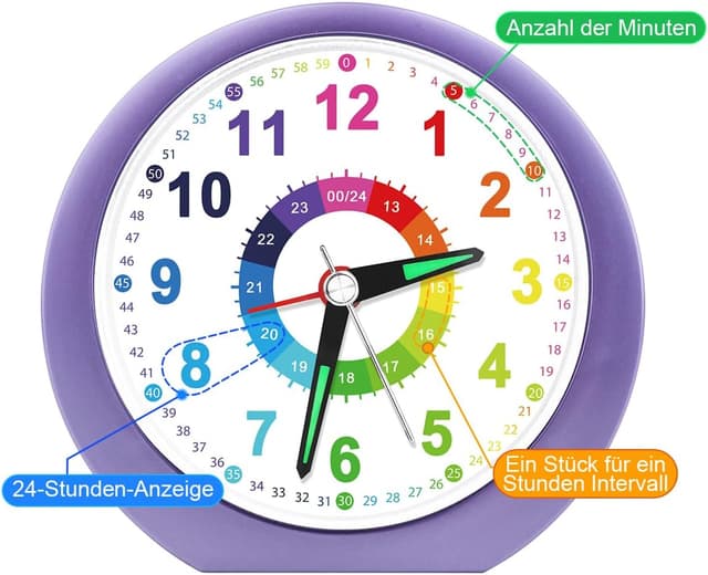 Detalle 2 de Ayybboo Kinderwecker ohne Ticken mit Snooze und Nachtlicht – analoger Quarzwecker für Kinder (Lavendel)