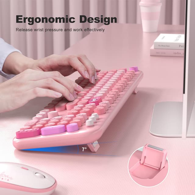 Detalle de MOWUX Wireless Keyboard and Mouse Combo (Full-Size Typewriter Retro Round Keys) + Cute Optical Mouse, Plug and Play — Pink Heart