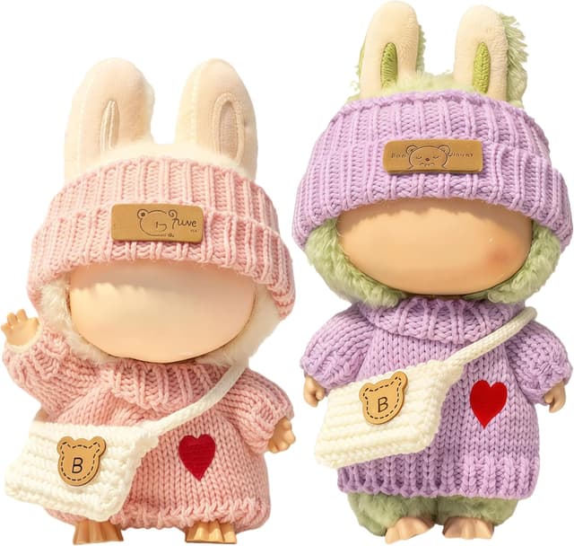 Imagen de (2 Pack) Clothes for LABUBU 17cm Doll — 6-Piece Crochet Accessory Set (Heart Sweater + Hat + Bag) en OfertitasTOP