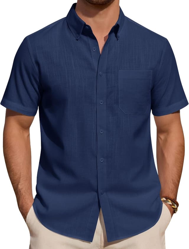 Detalle de J.VER Leinenhemd Herren Kurzarm – Regular Fit Button-Down mit Brusttasche für Sommer & Freizeit