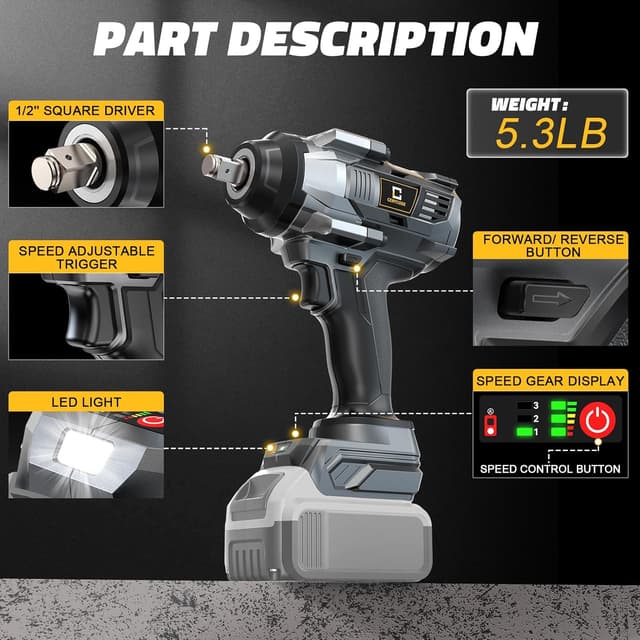 Thumbnail 5 de 1/2" Cordless Impact Wrench 1000ft-lbs