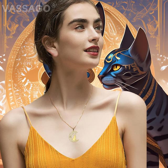 Detalle 2 de VASSAGO Ägyptische Ankh-Halskette aus Edelstahl mit Bastet-Katze und Auge des Horus-Anhänger