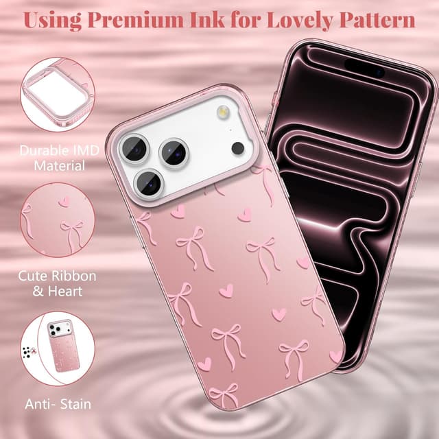Detalle de ZTOFERA iPhone 17 Pro Max Case (Pink Ribbon Bow Tie Aesthetic) — Slim Hard IMD Shockproof Protective Bumper
