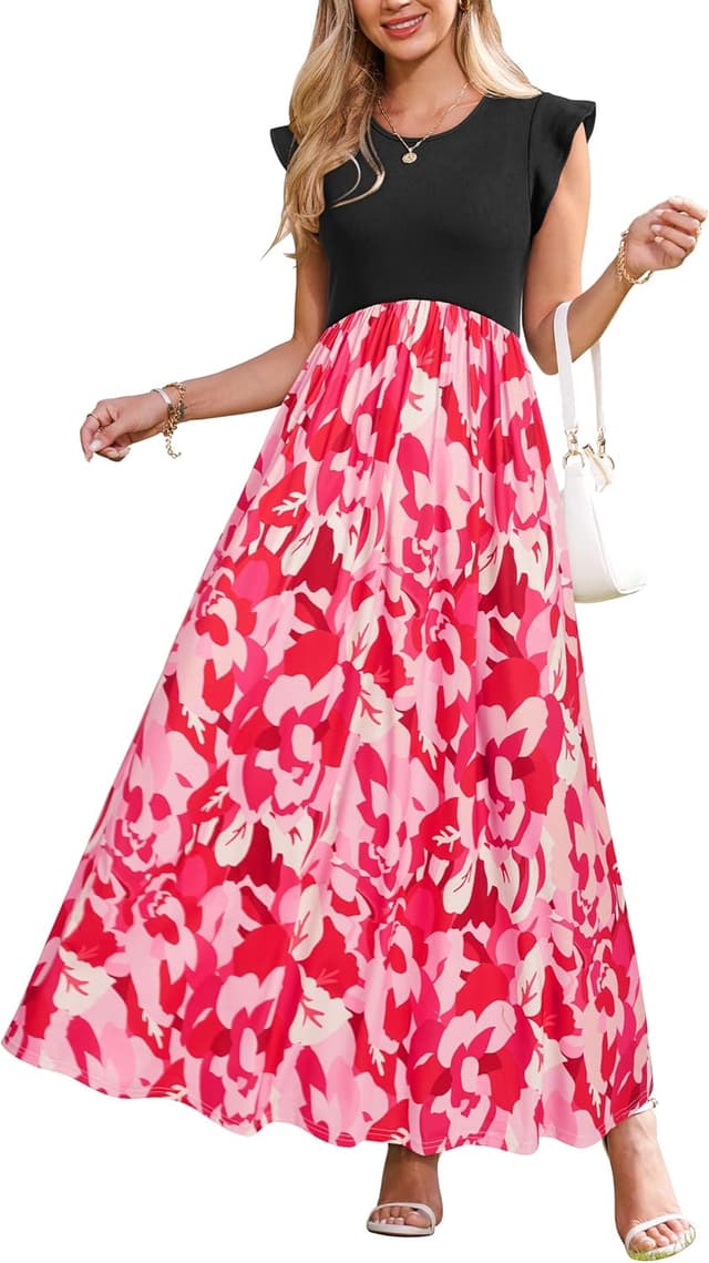 Detalle de OUGES Sommerkleid Damen Lang mit Rüschen, Maxikleid mit Taschen