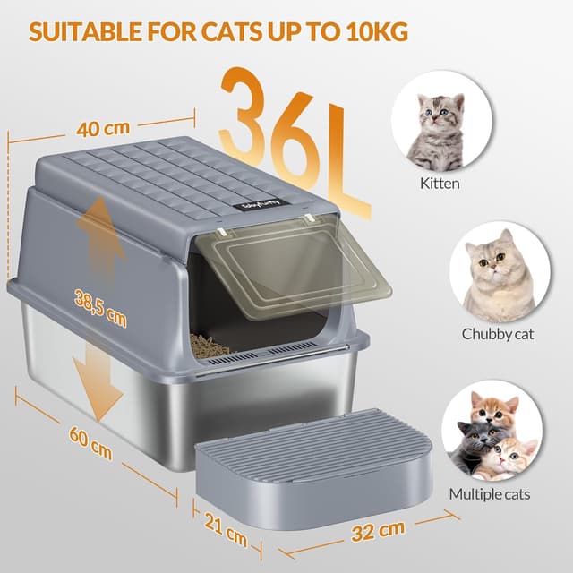 Detalle de Fobyfurny Lettiera in acciaio inox XXL chiusa con coperchio incernierato (con paletta e pedana), confezione da 2