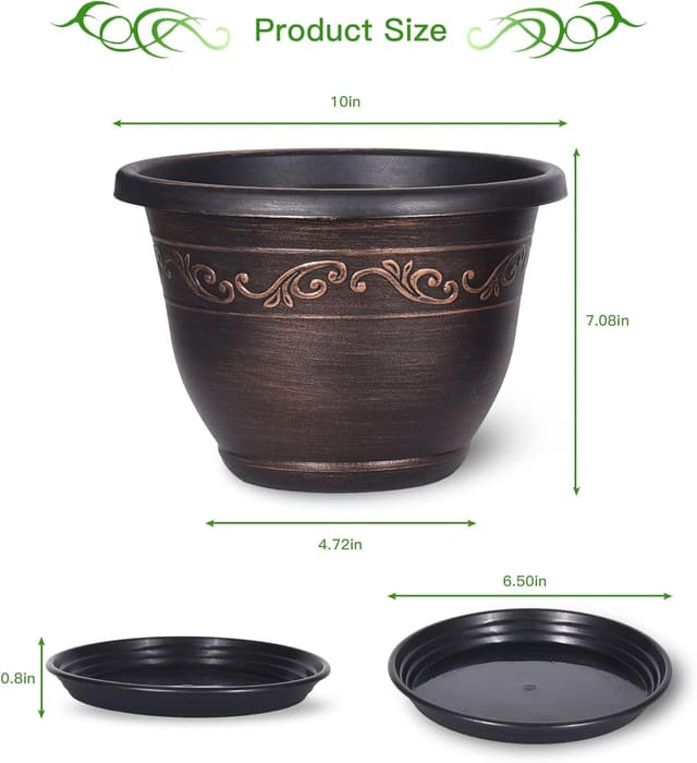 Detalle 2 de Pottiffe 25cm Plastic Plant Flower Planters (3-pack) with Drainage Hole & Saucer