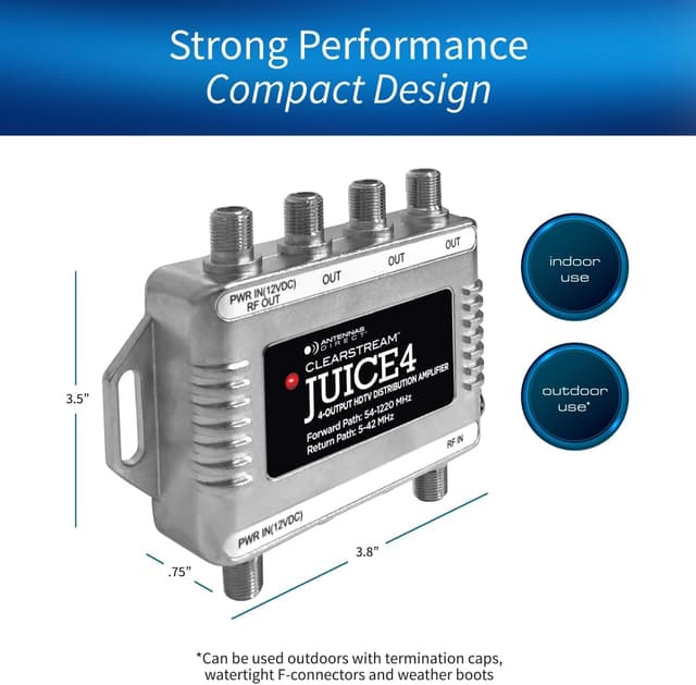 Detalle de Antennas Direct ClearStream JUICE4 4-Output Distribution Amplifier for up to Four TVs (CATV/4K 8K Ready)