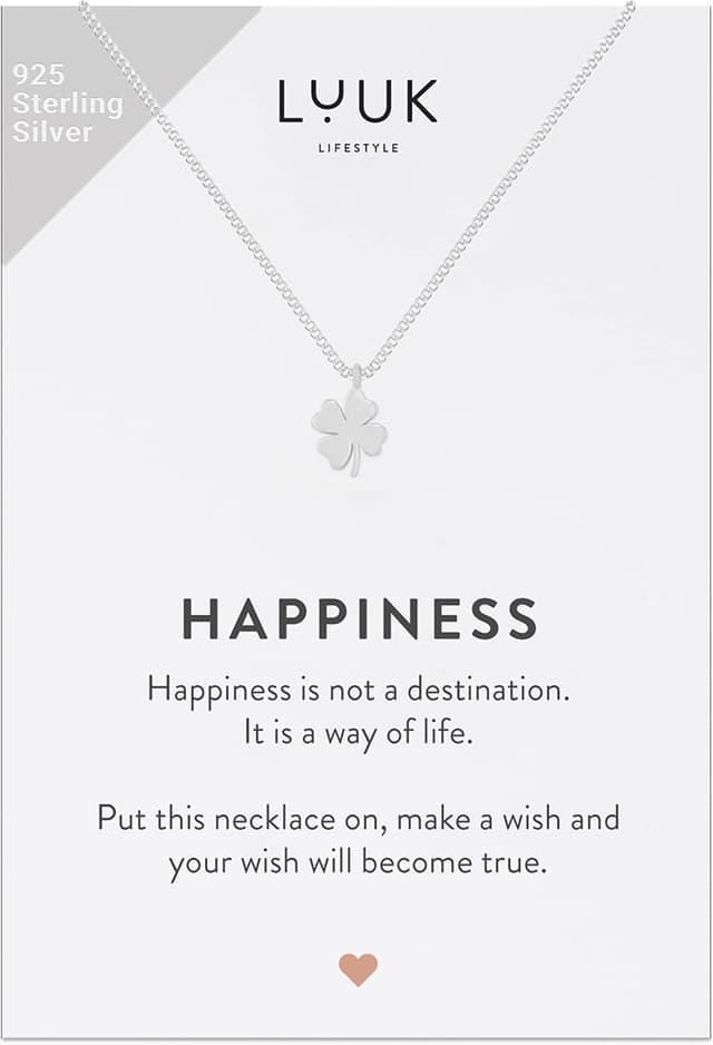 Detalle de LUUK LIFESTYLE collana in argento sterling 925 con ciondolo quadrifoglio e cartolina Happiness (50 cm)
