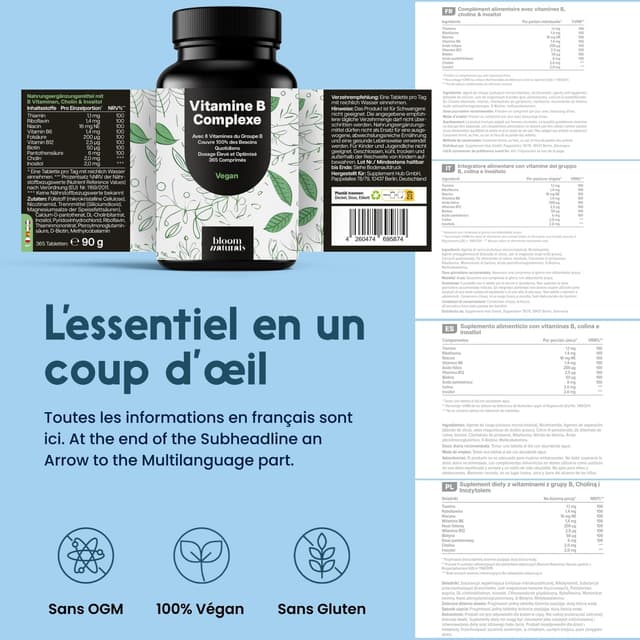 Detalle de Complexe de vitamines B (B1, B2, B3, B5, B6, B7, B9, B12) – 365 comprimés vegan