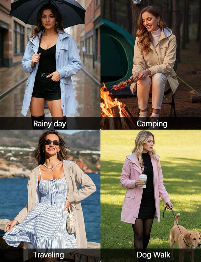 Detalle 2 de Bloggerlove Women’s Lightweight Rain Jacket Waterproof Hooded Raincoat (Striped Trench Style)