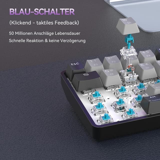 Detalle de TMKB T68 Gaming-Tastatur (68 Tasten, kabellos) – 60% mechanisch mit RGB, Bluetooth/2.4G/USB-C, deutsches QWERTZ