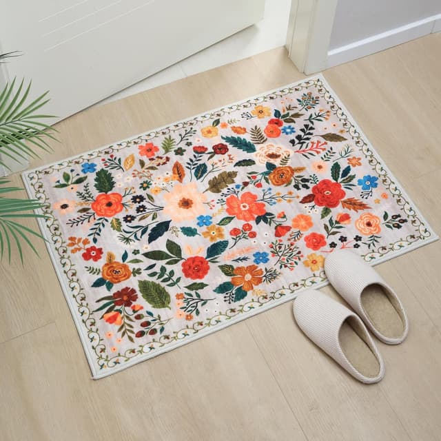 Detalle de Rugcomf 2x3 Indoor Door Mat Rug (Beige) – Machine Washable, Non-Slip Low Pile Boho Floral