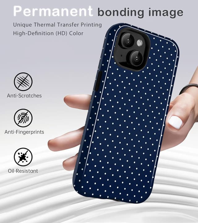 Detalle 2 de Amzfield iPhone 15 Dual-Layer Case (Navy Polka Dot Retro) – Hybrid Protection