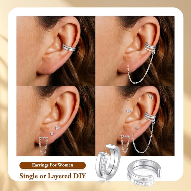 Detalle 2 de Turandoss 6 Paar Ohrringe Set (Silber/Gold, 14K vergoldet) für Damen – Ohrstecker & Ear Cuff mit Kette