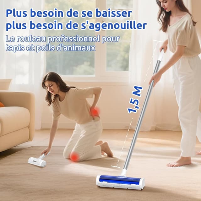 Detalle de ACE2ACE Brosse Tapis anti-poils pour tapis et carpettes, manche réglable jusqu’à 1,5 m (bleu)