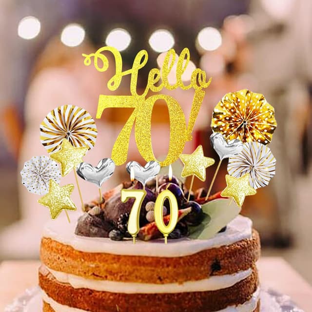 Detalle de 24-teilige 70. Geburtstag Tortendeko-Set (Happy Birthday, Kerzen, Glitzerkarton-Topper, Party-Details) in Gold/Silber