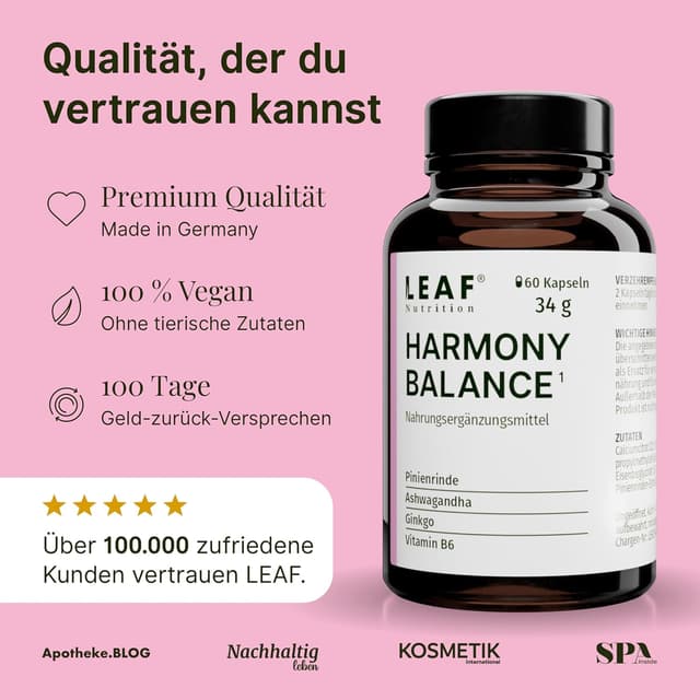 Detalle de LEAF HARMONY BALANCE Balance-Kapseln für Frauen mit Vitamin B6, Ashwagandha, Pinienrinde & Ginkgo – 60 vegane Kapseln