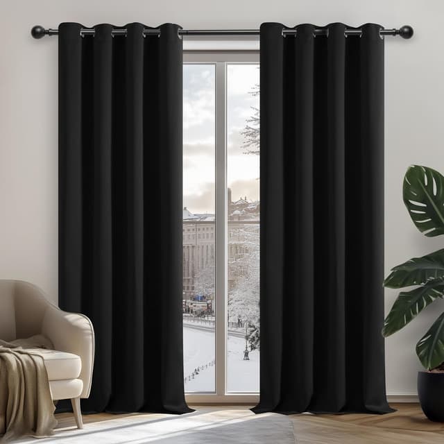 Detalle de Deconovo Eyelet Thermal Blackout Curtains (Ring Top) – Black, 140 x 260cm, 1 pair