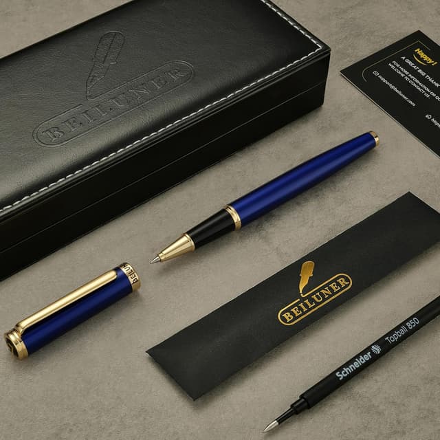 Detalle 2 de BEILUNER Luxury Rollerball Pen (24K Gold Trim) Blue & Gold Gift Set