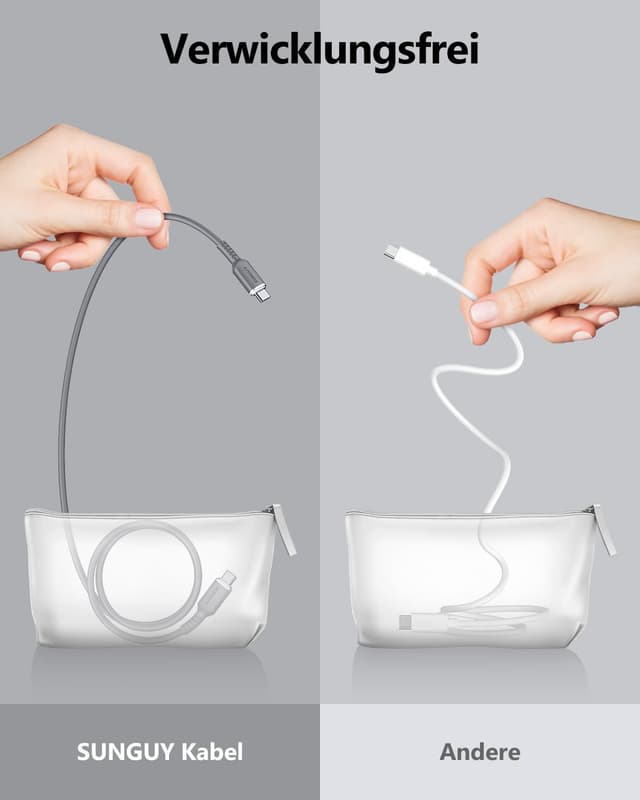 Detalle de SUNGUY USB‑C Kabel 2 m (2er‑Set) mit 100W Schnellladung, Silikon, E‑Marker – grau