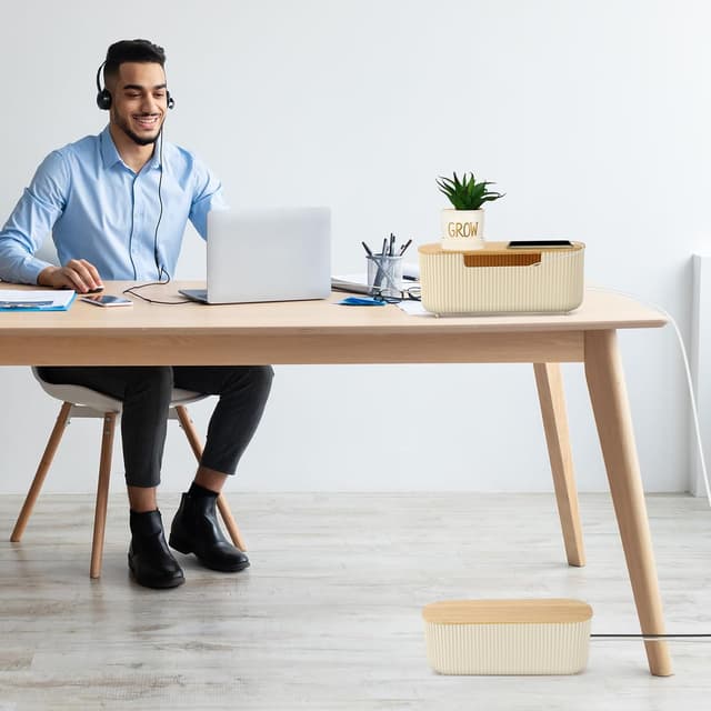 Detalle de CRROEL Cable Tidy Box with Bamboo Lid (Beige) for hiding power strips and desk cables