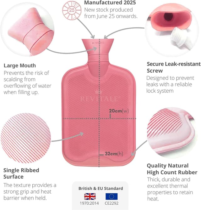 Detalle de Revitale Luxury Cosy 2 Litre Hot Water Bottle (Soft Cover) – British Standard BS1970:2012, Baby Pink