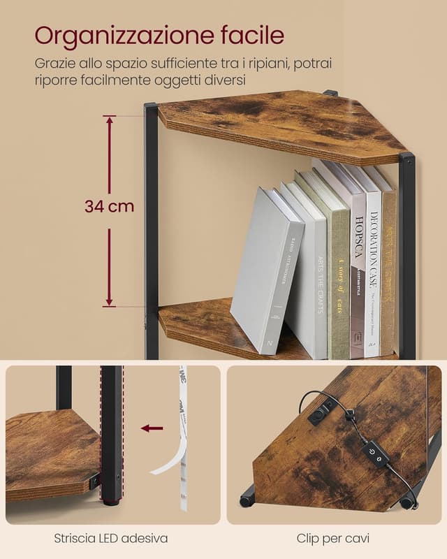 Detalle de VASAGLE scaffale angolare a 5 ripiani con luci LED a 7 colori LBC590K02, marrone vintage