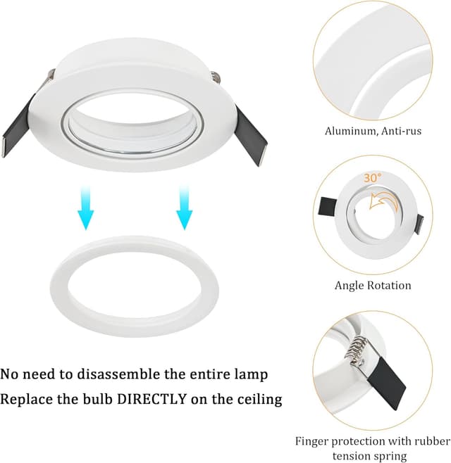 Detalle de GeyouLux 10er Einbaustrahler-Set mit GU10-Fassung, schwenkbar, Aluminium-Rahmen in Weiß (für Deckeneinbau)