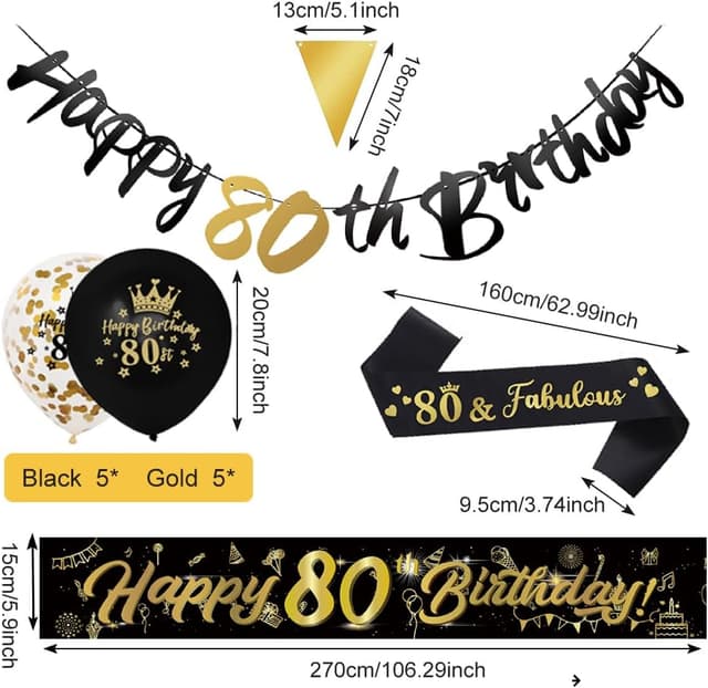 Detalle 2 de 14 Pieces 80th Happy Birthday Decorations Kit (9ft Banner, Triangle Flags, Confetti Balloons)