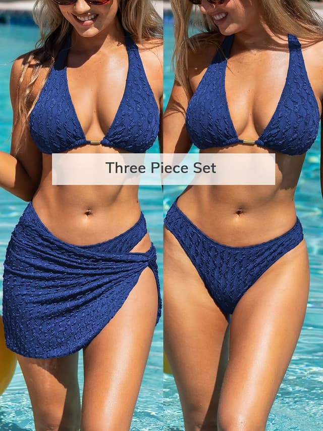 Detalle de CUPSHE Bikini da donna set tre pezzi con scollo a V strutturato e coppe imbottite estraibili