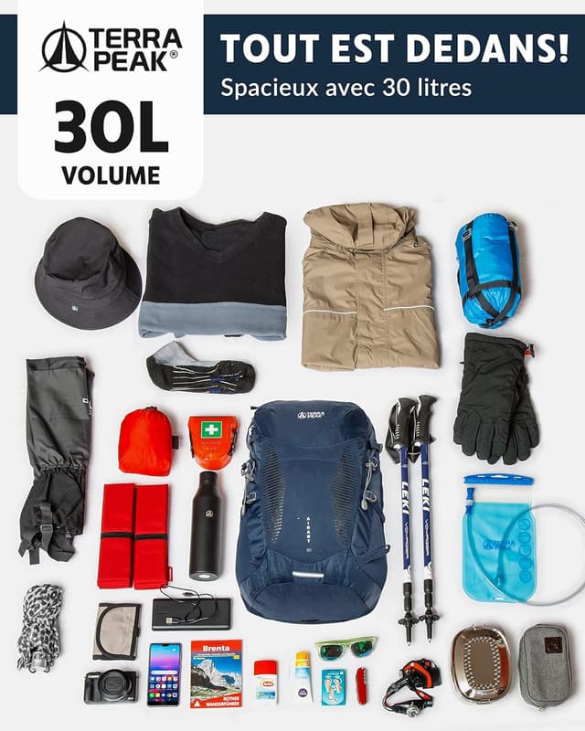 Detalle 1 de Terra Peak® sac à dos de randonnée 20/30/40 L avec dos ventilé (Dynamic Air Flow) — pour homme et femme