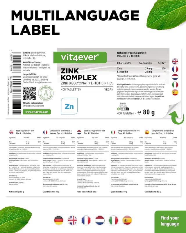Thumbnail 6 de Zink 25 mg (Albion Zinkbisglycinat) + L-Histidin – 400 Tabletten Premium