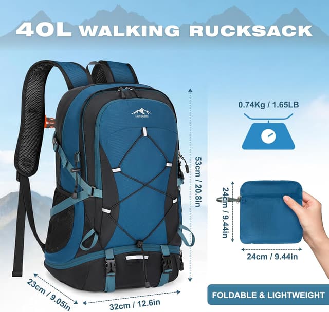 Detalle 2 de RAINSMORE 40L Foldable Hiking Backpack (Water-Resistant) – Lightweight Rucksack for Walking, Camping & Travel