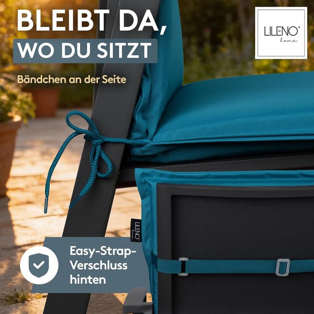 Detalle de LILENO HOME Gartenstuhl Auflagen 4er-Set für Niedriglehner (Petrol) – bequeme Sitzauflagen für Gartenstühle und Klappstühle MIA