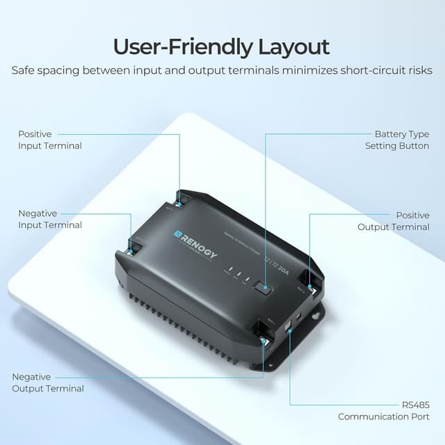 Detalle de Renogy 12V DC to DC Battery Charger 20A – intelligent converter with alternator detection & Bluetooth control