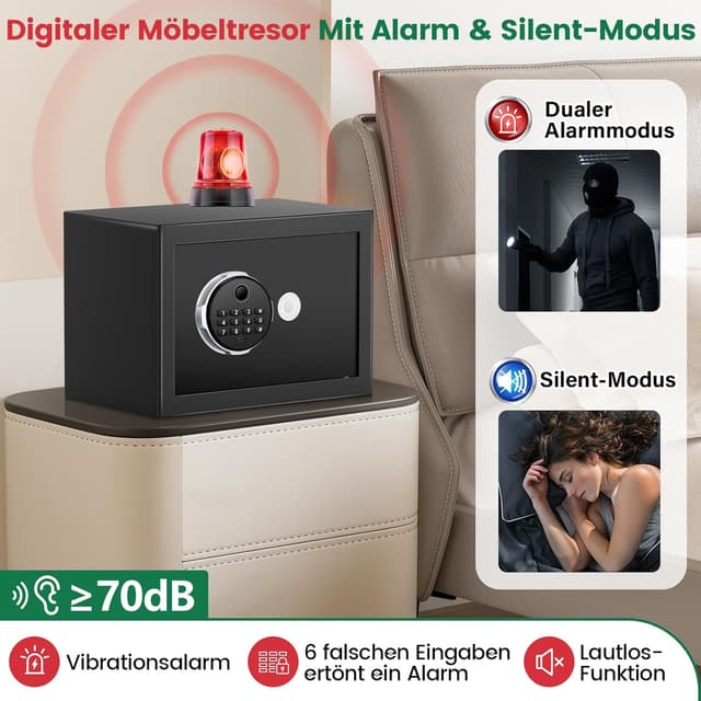 Detalle de Tiskgg Fingerabdruck Tresor für Zuhause (22L) mit feuerfester Tasche, Regal und dualem Alarmmodus