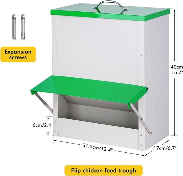 Detalle 2 de MasXirch Futterautomat Hühner 11 kg – Metall-Futtertrog mit Deckel für Außenbereich