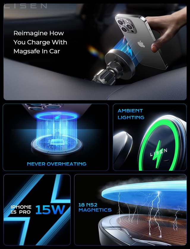 Detalle de LISEN 15W MagSafe Car Mount Charger
